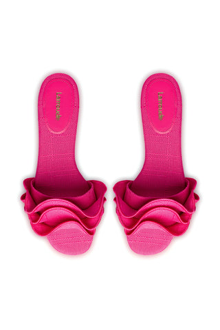 Ivy Ruffle Flat Mule In Pink Raffia