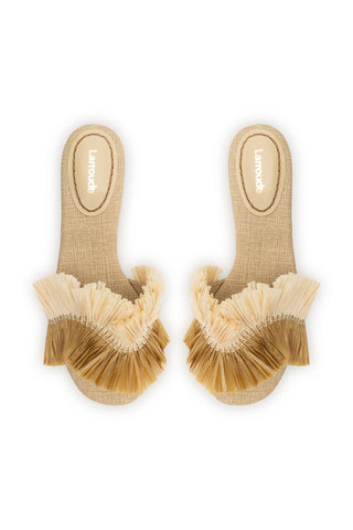 Ivy Fringe Flat In Beige Raffia