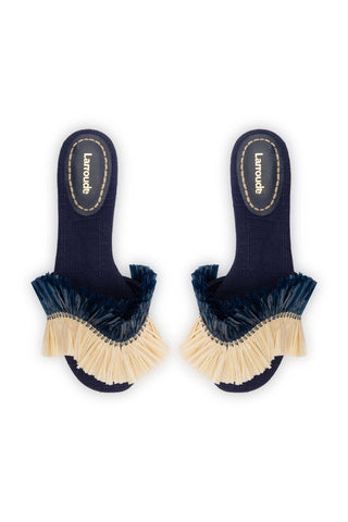 Ivy Fringe Flat In Navy Raffia