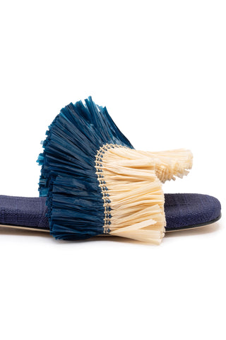 Ivy Fringe Flat In Navy Raffia