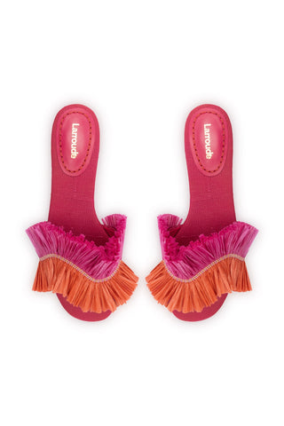 Ivy Fringe Flat In Pink and Orange Raffia