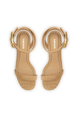 Verona Block Sandal In Beige Leather and Natural Raffia