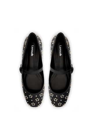 Blair Ballet Flat In Black Leather and Metallic Studs