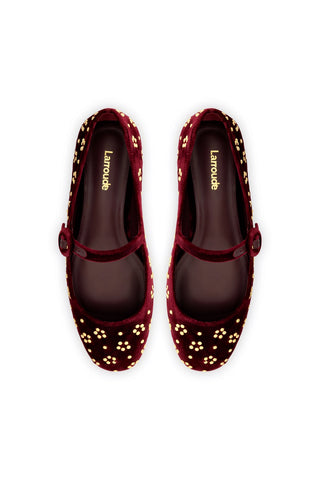 Blair Ballet Flat In Wine Velvet and Gold Studs