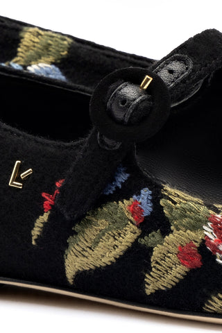 Larroudé x Markarian Flat In Black Wool and Floral Embroidery