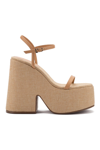 Wanda Platform Sandal In Tan Leather and Raffia
