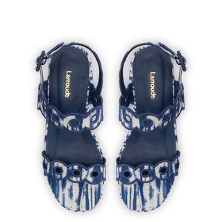 Florence Broderie Flatform Sandal In Tie Dye Blue Raffia