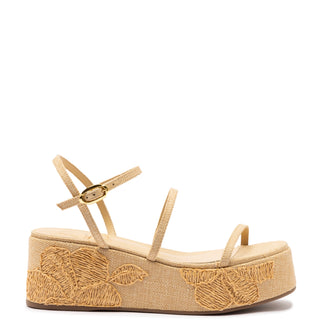 Gio Flatform In Beige Raffia and Hibiscus Embroidery