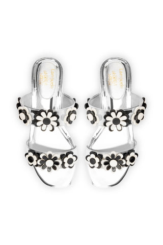 Larroudé x Gabriela Noelle: Blossom Flat Sandal In Silver Specchio and Black and White Acrylic