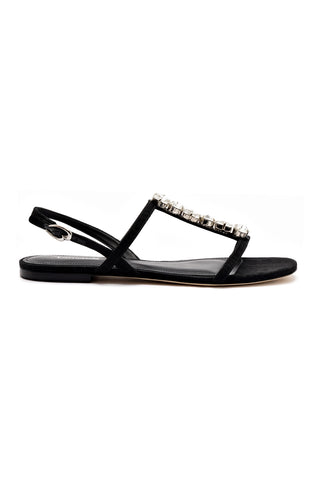 Calypso Flat Sandal In Black Fabric and Crystals