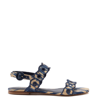 Florence Broderie Flat Sandal In Tie Dye Beige and Navy Raffia