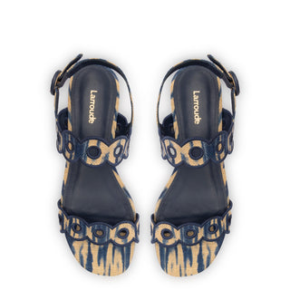 Florence Broderie Flat Sandal In Tie Dye Beige and Navy Raffia
