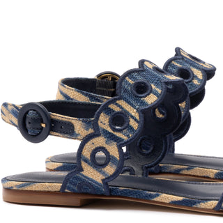 Florence Broderie Flat Sandal In Tie Dye Beige and Navy Raffia