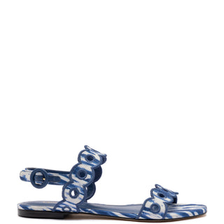 Florence Broderie Flat Sandal In Tie Dye Blue Raffia