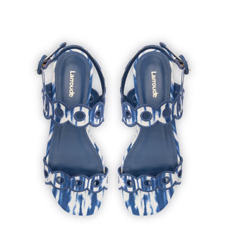 Florence Broderie Flat Sandal In Tie Dye Blue Raffia
