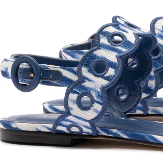 Florence Broderie Flat Sandal In Tie Dye Blue Raffia
