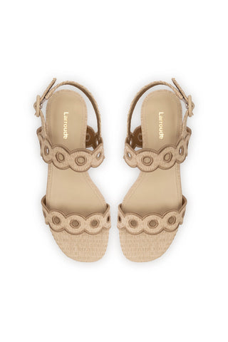 Florence Broderie Flat Sandal In Natural Raffia and Hazelnut Trimming