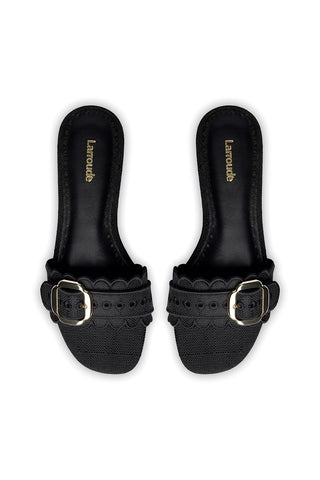 Ivy Broderie Flat Mule In Black Raffia