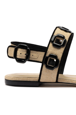 Milan Flat Sandal In Beige Raffia and Black Trimming
