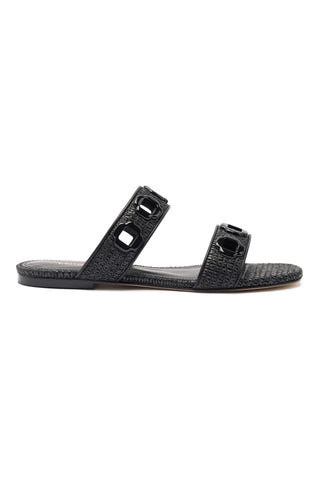 Milan Flat Mule In Black Wave Raffia