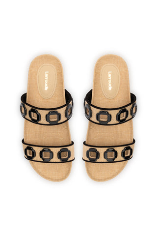 Milan Slide In Beige Raffia and Black Trimming