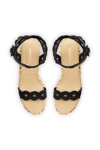 Florence Broderie Wedge In Beige and Black Raffia