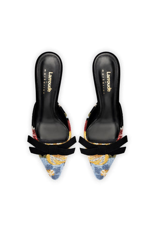 Larroudé x Markarian Mule In Black Wool and Floral Embroidery
