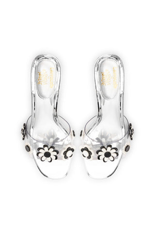 Larroudé x Gabriela Noelle: Garden Mule In Silver Specchio and Black and White Acrylic