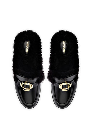Bobbie Mule In Black Leather and Black Shearling