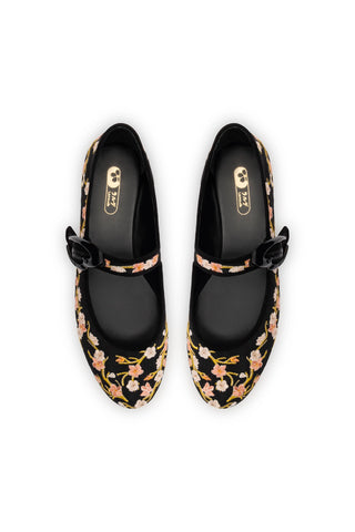 Verona Ballet Flat In Black Sakura Printed Fabric