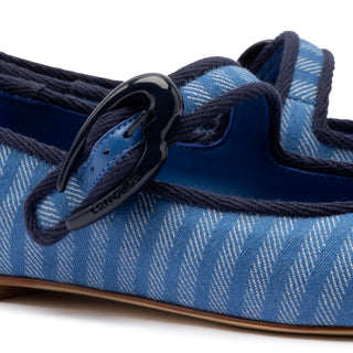 Verona Ballet Flat In Egyptian Blue Striped Fabric and Navy Trimming