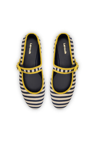 Verona Ballet Flat In Navy and Natural Striped Fabric and Lemonade Trimming