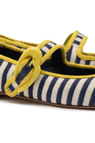 Verona Ballet Flat In Navy and Natural Striped Fabric and Lemonade Trimming