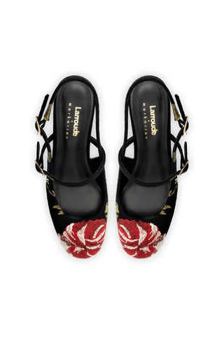 Larroudé x Markarian Pump In Black Wool and Floral Embroidery