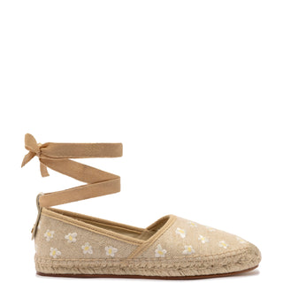 Letizia Espadrille Flat In Raw Linen and Daisy Embroidery