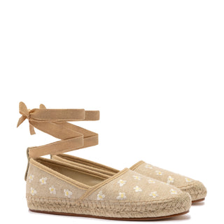 Letizia Espadrille Flat In Raw Linen and Daisy Embroidery
