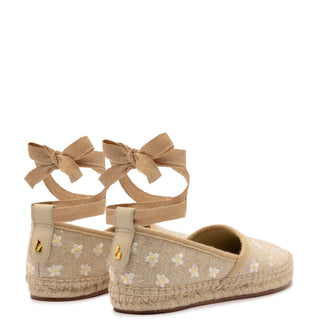 Letizia Espadrille Flat In Raw Linen and Daisy Embroidery