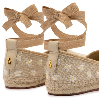 Letizia Espadrille Flat In Raw Linen and Daisy Embroidery