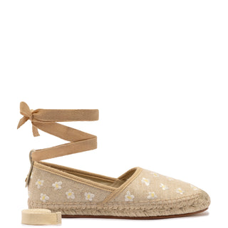 Letizia Espadrille Flat In Raw Linen and Daisy Embroidery