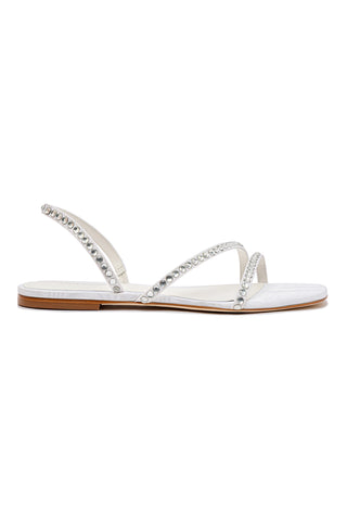 Vicky Flat Sandal In White Fabric and Crystals
