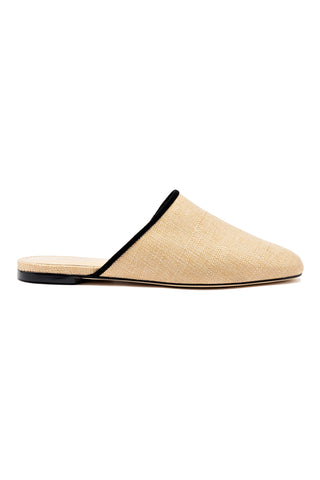Venice Flat Mule In Beige Raffia and Black Trimming