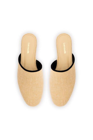 Venice Flat Mule In Beige Raffia and Black Trimming