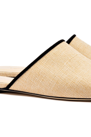 Venice Flat Mule In Beige Raffia and Black Trimming