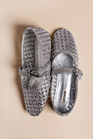Verona Macrame Ballet Flat In SIlver Metallic Leather