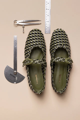 Verona Macrame Ballet Flat In Seaweed, Black and Silver Metallic Leather