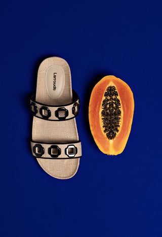 Milan Slide In Beige Raffia and Black Trimming